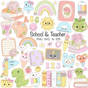 Puede incluir: Una colección de ilustraciones coloridas con temática escolar, que incluyen libros, lápices, un arcoíris y un dinosaurio. El texto "School & Teacher" se muestra de forma destacada. La imagen presenta una variedad de colores pastel y diseños lindos.