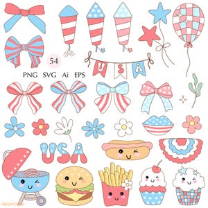Puede incluir: Colecci&oacute;n de ilustraciones digitales de tem&aacute;tica patri&oacute;tica en rojo, blanco y azul. Incluye lazos, fuegos artificiales, estrellas, un globo, una pancarta que dice "USA", flores, un perrito caliente, una hamburguesa, patatas fritas, una magdalena y una parrilla.