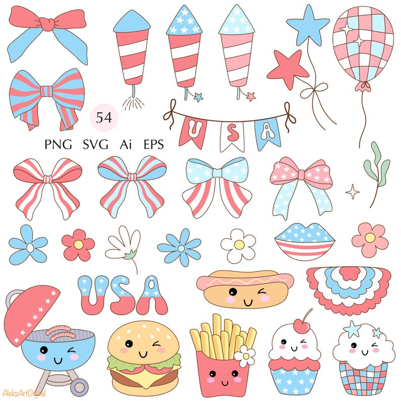 Puede incluir: Colecci&oacute;n de ilustraciones digitales de tem&aacute;tica patri&oacute;tica en rojo, blanco y azul. Incluye lazos, fuegos artificiales, estrellas, un globo, una pancarta que dice "USA", flores, un perrito caliente, una hamburguesa, patatas fritas, una magdalena y una parrilla.