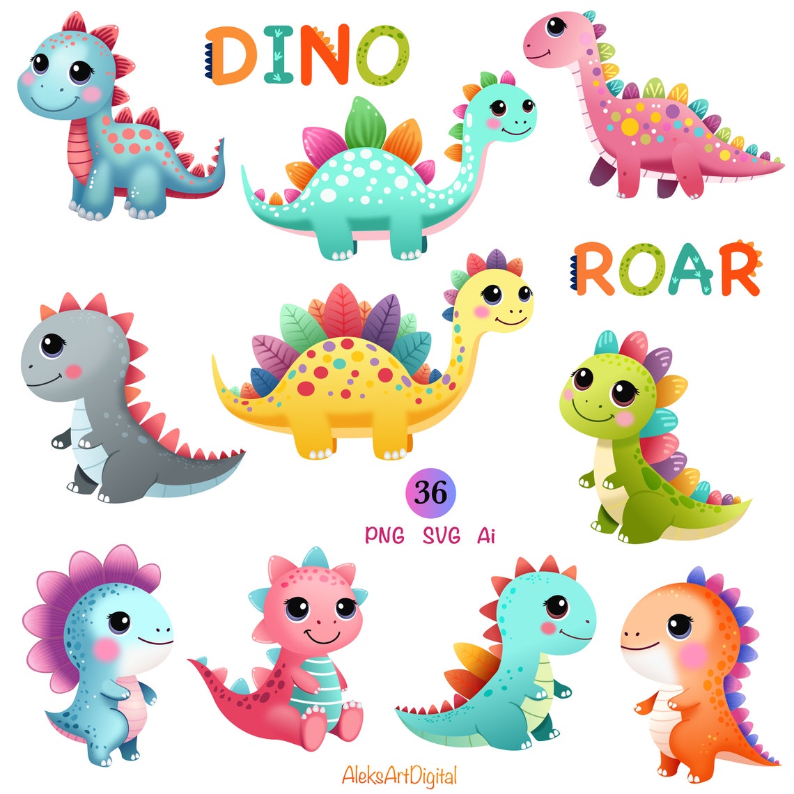 Dinosaur Clip Art 36 PNG, Dinosaurs Bundle in Watercolor Style SVG ...