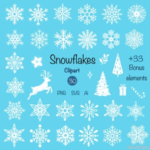 Sneeuwvlokken SVG-clipart, vector kerstbundel digitaal. Set van 63 winterkerstelementen: png, svg en ai. Raamdecoratie sneeuwvlokken met print