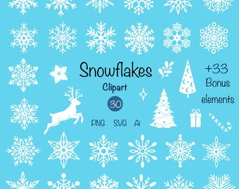Snowflakes SVG Clipart Bundle: 63 Winter Christmas Elements (PNG, SVG, Ai)