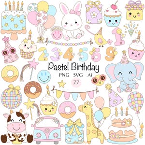 Clipart de aniversário retrô 77 SVG Feliz aniversário png Decoração de sala de aula Crianças Groovy pastel aniversário png Celebração Bolo Banner Balão festa presente