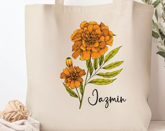 OCTOBER MARIGOLD BIRTH Flower Tote Bag, Custom Name Bag, Personalized Gift for Birthday, Custom Birth Flower, Personalized Canvas Tote Bag,