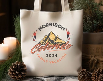 CUSTOM FAMILY SKI Vacation Tote Bag, Personalized with Name and Destination Canvas Bag, Holiday Skiing Tote, Gift for Ski Lover,Skier Couple