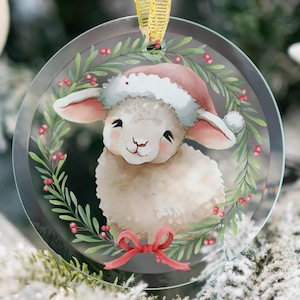Sheep Christmas Ornament | Cute Glass Holiday Keepsake | Santa Lamb in Wreath | Farmland Baby’s First Christmas Gift