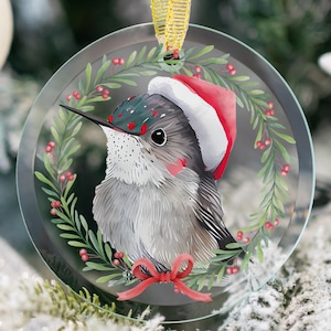Hummingbird Christmas Ornament | Cute Glass Holiday Keepsake | Santa Hummingbird in Wreath | Jungle Woodland Baby’s First Christmas Gift