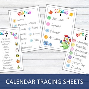 Tracing Worksheet for Days of the Week, Four Seasons, Daily Weather, Months of the Year