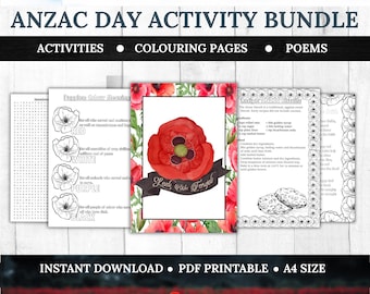 Anzac Remembrance Day Activity Bundle, Colouring Pages, Find A Word, Poems, 29 Printable sheets, Poppy