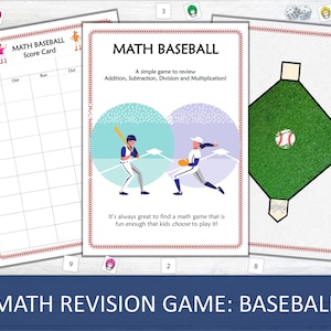 May include: A math revision game set with baseball theme. Includes a score card, a game board, and a game cover with illustrations of baseball players. The text on the cover reads "MATH BASEBALL".