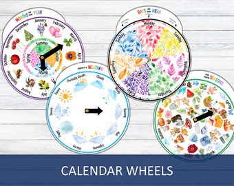 May include: A set of educational calendar wheels with colorful illustrations. The wheels display months, days of the week, weather, and seasons. Each wheel has a rotating pointer. The text "CALENDAR WHEELS" is at the bottom.