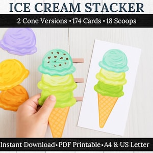 May include: An ice cream stacker game with colorful scoops and cones. The image shows a hand holding a three-scoop ice cream cone, with additional scoops in purple, yellow, and orange. The text reads "ICE CREAM STACKER" and "2 Cone Versions • 174 Cards • 18 Scoops."