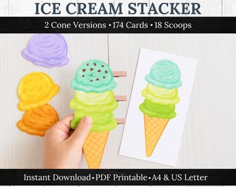 May include: An ice cream stacker game with colorful scoops and cones. The image shows a hand holding a three-scoop ice cream cone, with additional scoops in purple, yellow, and orange. The text reads "ICE CREAM STACKER" and "2 Cone Versions • 174 Cards • 18 Scoops."