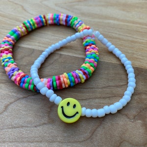 Beaded Bracelet Set - Colorful - Elastic - Flat Beads - White - Seed Beads - Smiley Face - Women’s Jewelry - Girls
