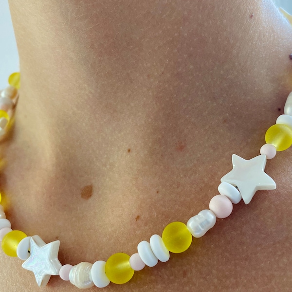 Beaded Necklace - 16”- Stars - Yellow - Pearls - Light Pink - Lobster Clasp - Layering - Women’s Jewelry - kids