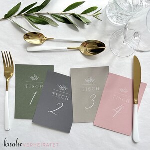 Tischnummern zur Hochzeit mit Weißdruck, Sitzplan Karten für die Tische, 5 Papierfarben bild 2