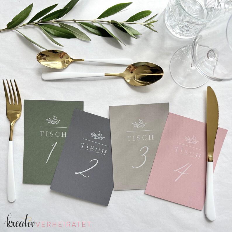 Tischnummern zur Hochzeit mit Weißdruck, Sitzplan Karten für die Tische, 5 Papierfarben bild 2