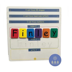 May include: A colourful learning card set for children to practise tracing letters and numbers. The card features the name "Finley" spelled out with colourful foam letters. The card also includes instructions to "make it", "trace it", and "write it".