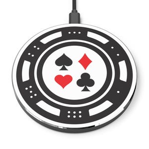 Stazione di ricarica wireless per telefoni abilitati Qi / Design a forma di gettone da poker / Ricarica rapida per iPhone e Android / Regalo tecnologico elegante e divertente