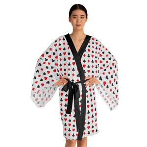 Peignoir kimono, modèle de costume de carte, robe de chambre à manches longues avec bordure noire ou blanche, modèle de cartes à jouer, robe de chambre pour soirée casino, amoureux de l'Euchre