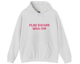 Moletom com capuz engraçado Euchre, jogue Euchre comigo e eu te seguirei em qualquer lugar, suéter unissex, presente para jogadores de cartas
