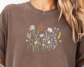 Embroidered Floral Shirt, Wildflower Tshirt, Embroidery Garden Lover, Botanical Spring, Comfort Colors Tee, Mom Shirt,, Gift for Mama