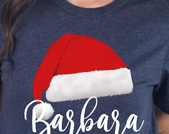 Custom Santa Hat Shirt, Personalized Christmas Tee, Xmas Tshirt, New Year Shirt, Name Tee, Merry Christmas Tshirt, Family Christmas TShirt