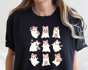 Cute Ghost Shirt, Halloween Ghost T-shirt, Pink Bow Shirt, Spooky Season, Pink Reading Ghost, Fall Tee, Bookish Halloween, Comfort Colors