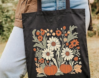 Fall Floral Pumpkin Tote Bag, Boho Thanksgiving Gift, Autumn Tote Bag, Thanksgiving Gift, Halloween Tote Bag, Shopping Bag, Cute Pumpkin Bag