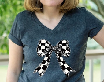 Checkered Coquette Shirt, White and Black, Checkered Bow Tee, Cute Tee, Checkered Ribbon Tee, Coquette Mom Shirt, Bow Shirt, Birthday Shirt