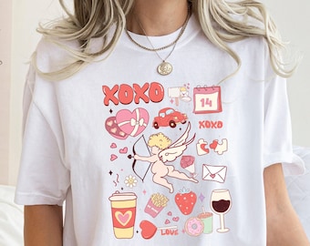 Valentines Day Icons T-shirt, Comfort Colors Shirt, Xoxo T-shirt, Women's Gift Shirt, Oversized Shirt, Valentines Day Gift, Pink Lovers Tee