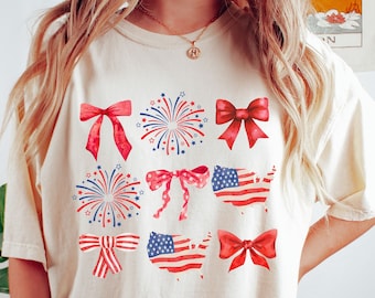 Comfort Colors Shirt, USA Flag Map Tee, July 4th Shirt, Red Ribbon Shirt, Coquette Bow Tee, Patriotic Woman Shirt, American Mommy Shirt