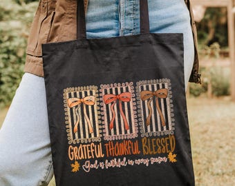 Grateful Thankful Blessed Tote Bag, Fall Season Tote Bag, Faith Autumn Tote Bag, Coquette Fall Vibes, Religious Tote Bag, Christian Tote Bag