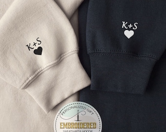 Personalized Couples Hoodie, Initial Heart Embroidery On Sleeve, Valentines Day Gift, Custom Sweatshirt, Couples Gift Shirt, Custom Gift Tee