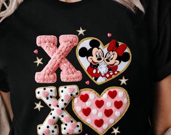 Camiseta de hilo sintético con diseño de parejas de Disney Xoxo, camiseta de punto estilo Disney Lover, camiseta de Mickey y Minnie Valentine, camiseta de Disney Love Heart, camiseta de cuello en V Xoxo