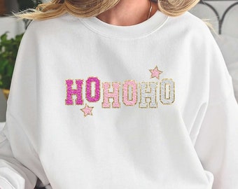 Ho Ho Ho Christmas Sweatshirt, Faux Sparkle Christmas Shirt, Christmas Sweater, Santa Shirt, Women Christmas Gift Shirt, Faux Glitter Shirt