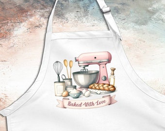 Baked With Love Apron, Kitchen Accessor Apron, Pink Baking Mixer, Gift For Mom, Baker Apron, Kitchen Utensils Apron, Funny Apron Gift