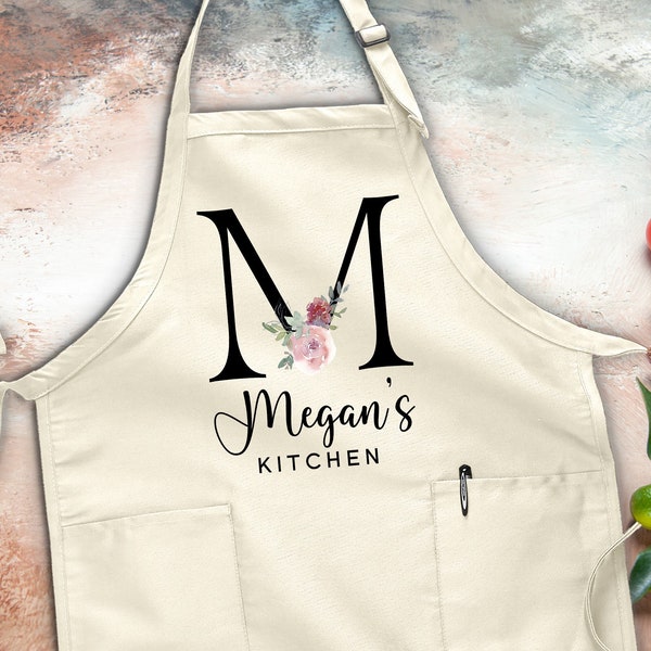 Personalized Name Kitchen Apron, Floral Apron, Gift For Chefs, Custom Apron, Kitchen Gift Ideas, Monogrammed Apron, Housewarming Gift