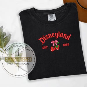 Embroidered Disneyland Shirt, Mickey Cherry Tee, Disney Trip Tshirt, Embroidery Est 1955, Coquette Bow Shirt, Comfort Colors Tshirt