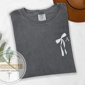Custom Initial Bow Ribbon Embroidered Crewneck Shirt, Bachelorette Party Gift, Bridal Shower Party Tshirt, Bridesmaid Tee, Custom Tshirt