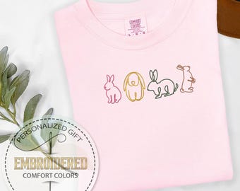 Embroidered Rabbit Shirt, Embroidery Bunny Tshirt, Easter Day Shirt, Easter Bunny Shirt, Colorful Rabbit Tee, Comfort Colors Tshirt