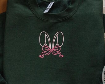 Bunny Ears Coquette Bow Embroidered Sweatshirt, Happy Easter Hoodie, Kids Bunny Ears Sweatshirt, Embroidery Easter Sweatshirt, Spring Hoodie