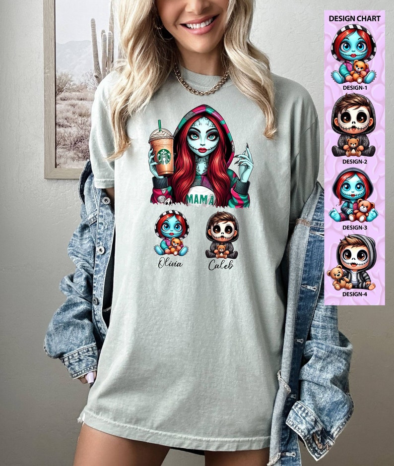 May include: A light green t-shirt with a graphic of a female character with red hair and a green and pink outfit holding a coffee cup. The character is labeled "Mama". Below the character are two smaller characters, one labeled "Olivia" and the other labeled "Caleb".