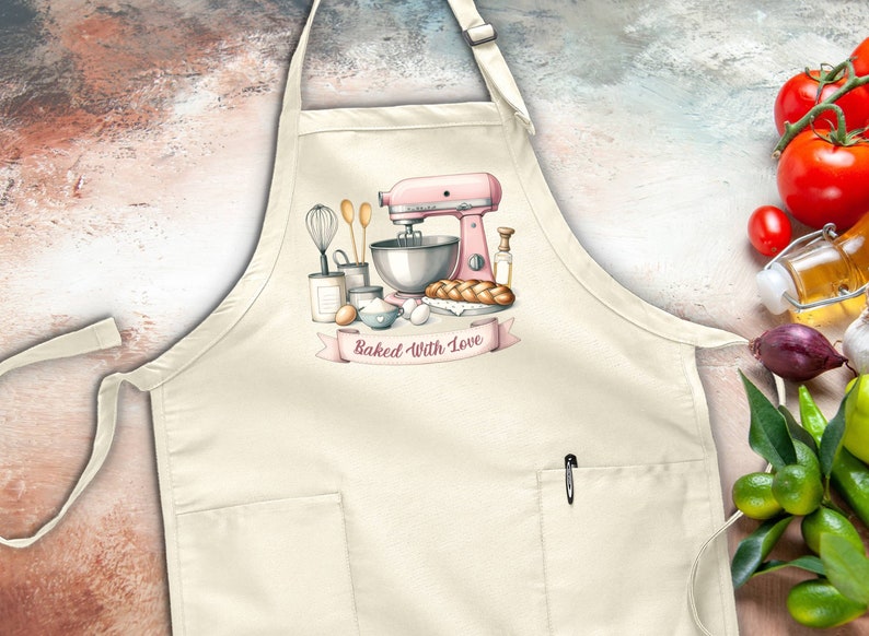 May include: A white cotton apron with a pocket and adjustable neck strap. The apron features a pink stand mixer, a bowl, and other baking supplies with the text "Baked With Love".