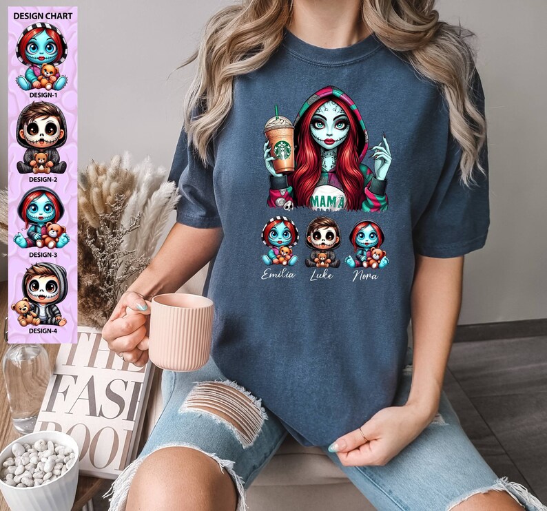 May include: A navy blue t-shirt with a graphic of a cartoon character with red hair and a green and red striped shirt holding a cup of coffee. The character is labeled "Mama". Below the character are three smaller cartoon characters labeled "Emilia", "Luke", and "Nora".