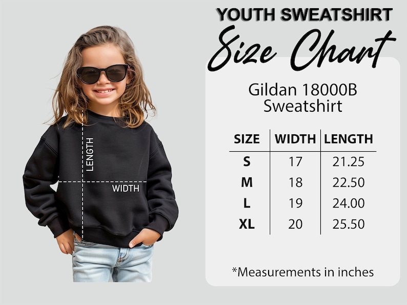 May include: A young person wearing a black sweatshirt, with a size chart for Gildan 18000B sweatshirts. The chart shows measurements in inches for sizes S, M, L, and XL, including width and length.