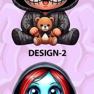 May include: Four different designs for a character with a stitched mouth and large eyes, holding a teddy bear. The character is wearing a hooded sweatshirt. The designs are labeled "DESIGN-1", "DESIGN-2", "DESIGN-3", and "DESIGN-4".