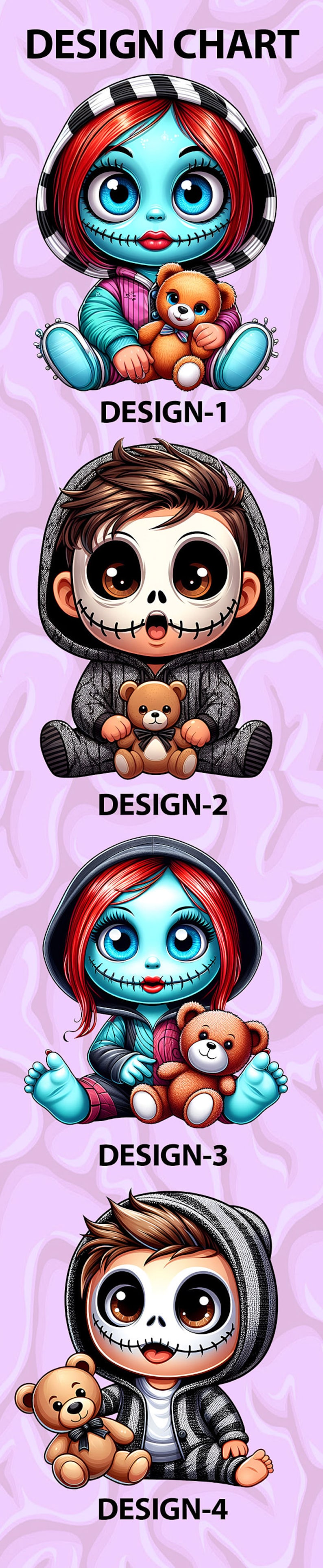 May include: Four different designs for a character with a stitched mouth and large eyes, holding a teddy bear. The character is wearing a hooded sweatshirt. The designs are labeled "DESIGN-1", "DESIGN-2", "DESIGN-3", and "DESIGN-4".