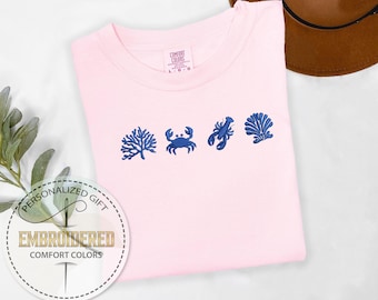 Embroidered Ocean Animal Comfort Color Shirt, Sea Animal Tee, Embroidery Summer Shirt, Sea Vibes Shirt, Lobster Crab Comfort Colors Shirt