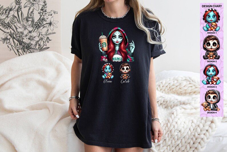May include: Black t-shirt with a graphic print of a woman with red hair and a green and black dress holding a coffee cup. The woman is surrounded by three smaller figures, two of which are labeled "Olivia" and "Caleb". The text "MAMA" is above the figures.